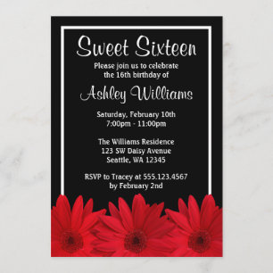 Red and Black Daisy Sweet 16 inbjudningar