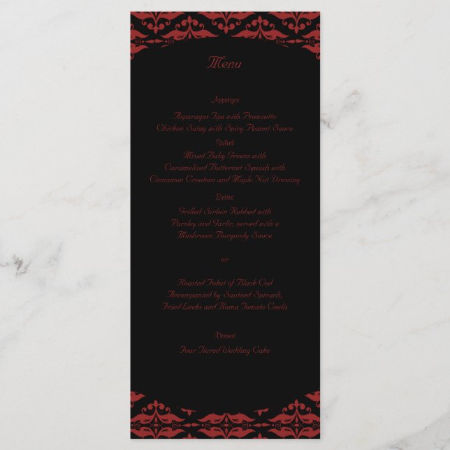Red and Black Damask Gothic Bröllop Menu Meny (Framsida)