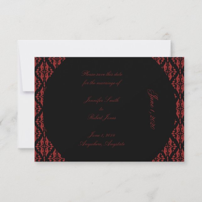 Red and Black Damask Gothic Bröllop spara datum Datumet (Framsida)