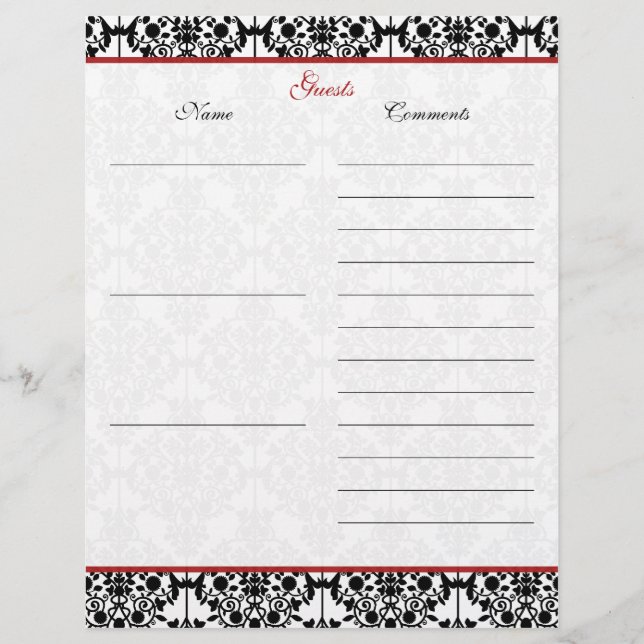 Red and Black Damask Linen Guest Bok Papper (Framsida)