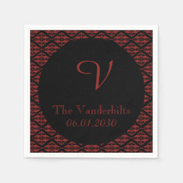 Red and Black Damask Monogram Bröllop Pappersservett