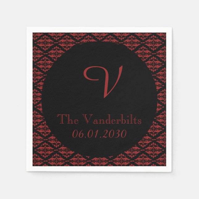 Red and Black Damask Monogram Bröllop Pappersservett (Framsidan)