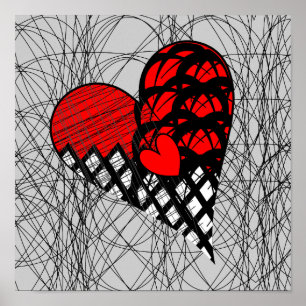 Red and Black Doodle Heart Funky Bild Poster