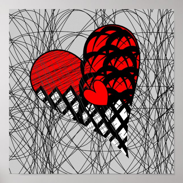 Red and Black Doodle Heart Funky Bild Poster (Framsidan)