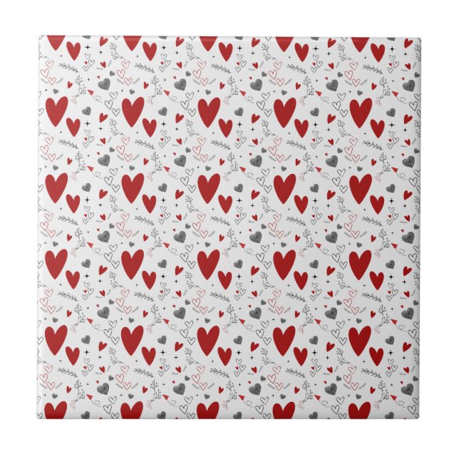 Red and Black Doodle Hearts Love  Kakelplatta (Framsidan)