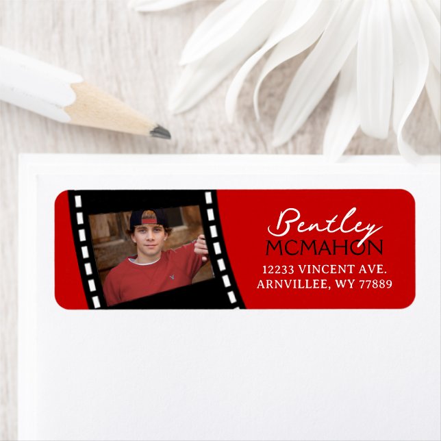 Red and Black Filmstring Photo Returadress Returadress Etikett (Red and Black Filmstrip Photo Return Address Label)