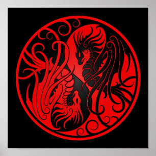 Red and Black Flies Yin Yang Dragons Poster