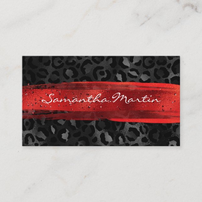 Red and Black Foil Leopard Brush Stroke Visitkort (Framsida)