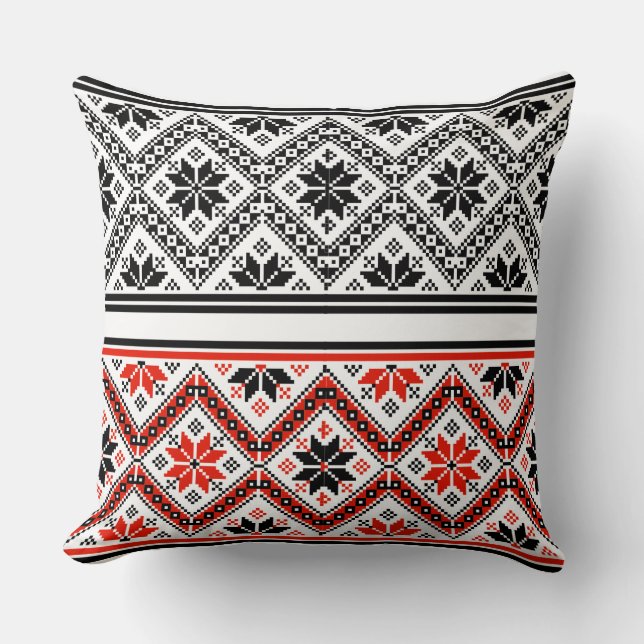 Red and Black Folk Art Geometric Pattern Throw Kudde (Framsida)