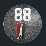 Red and Black Glitter Basketball Team Jersey Darttavla<br><div class="desc">Ruby Red and black faux glitter gnistra bakom en fet vit kontur av en basketspelare. Uppdatera enkelt jersey-numret på framsidan och anpassa informationen på baksidan. Finns i annat glatt team färg.</div>