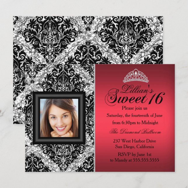 Red and Black Glitter Damask Photo Sweet 16 Inbjudningar (Fram/baksida)