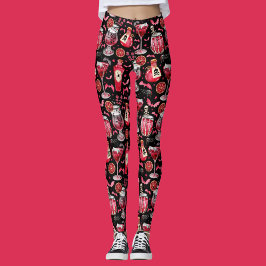 Red and Black Halloween Cocktails and Potions Leggings