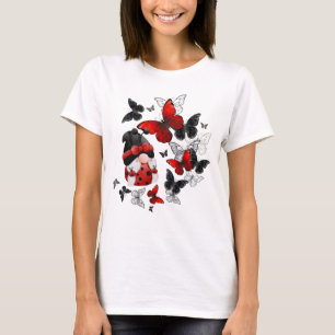 Red and Black Ladybug Gnome med Butterflies T Shirt