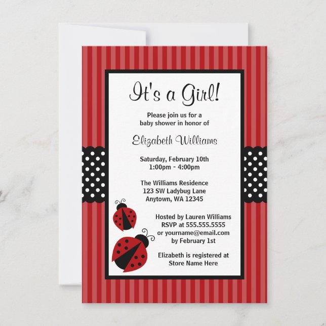 Red and Black Ladybug Stripe Dots Baby Shower Inbjudningar (Framsida)