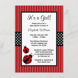Red and Black Ladybug Stripe Dots Baby Shower Inbjudningar