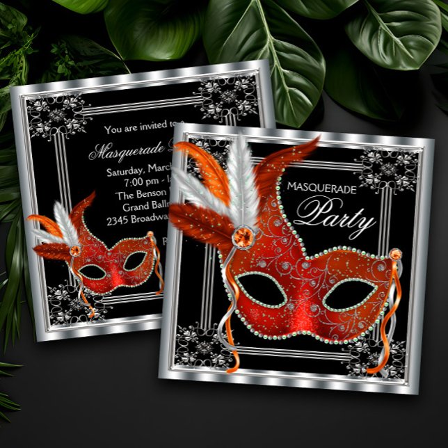 Red and Black MasqueraParty Inbjudningar (Beautiful red, black and silver masquerade party invitation with elegant red feather mask.)