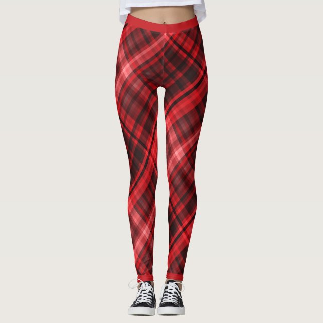Red and Black Mode Diagonal Madras Mönster Leggings (Framsida)