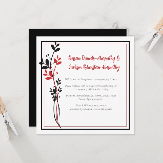 Red and Black Modern Botanical Reception Only | Inbjudningar (Fram/Back In Situ)