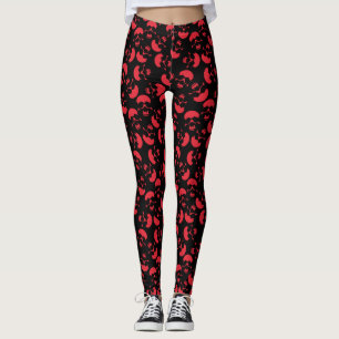 Red and Black Mörk Aesthetic Skull Mönster Leggings