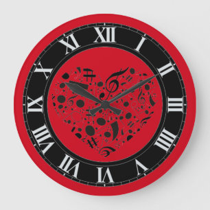 Red and Black Musik noter Heart Wall Clock Stor Klocka