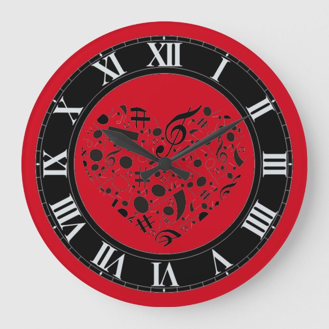 Red and Black Musik noter Heart Wall Clock Stor Klocka (Framsida)