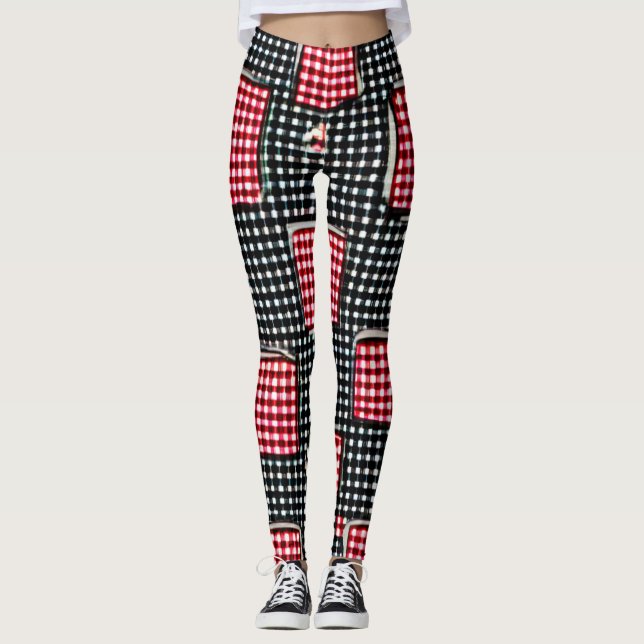 Red and Black Patch Work Pocket Gingham Leggings (Framsida)