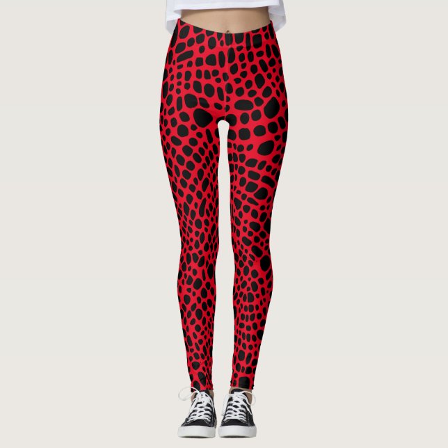 Red and Black Psychedelic Skin Mönster Leggings (Framsida)