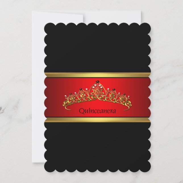Red and Black Quinceanera Guld Tiara Birthday Inbjudningar (Framsida)