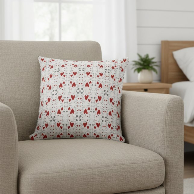 Red and Black Retro Hand Drawn Hearts Love  Kudde (cute red and black hearts hand drawn doodles accent pillow for her valentines theme bedroom decor)