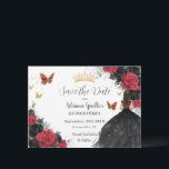 Red and Black Ro Princess Guld Quinceañera Spara Datumet<br><div class="desc">Anpassa den söt röda och svarta blommigten Quinceañera / Söt 16-årsdag spara datumet enkelt och snabbt. Klicka bara på knappen Anpassa den ytterligare för att redigera texterna, ändra typsnitt och typsnitt färg. Med en flicka klädd i ett vackert glittersvart boll-grynt, pulserande rött och svart ro, fjärilar och guld inslag. Matchande...</div>