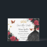 Red and Black Ro Princess Guld Quinceañera Spara Datumet<br><div class="desc">Anpassa den söt röda och svarta blommigten Quinceañera / Söt 16-årsdag spara datumet enkelt och snabbt. Klicka bara på knappen Anpassa den ytterligare för att redigera texterna, ändra typsnitt och typsnitt färg. Med en flicka klädd i ett vackert glittersvart boll-grynt, pulserande rött och svart ro, fjärilar och guld inslag. Matchande...</div>