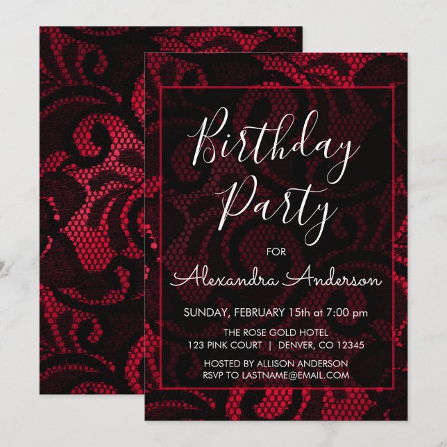 Red and Black Satin Snöre, oavsett Födelsedagsfest Inbjudningar (Fram/baksida)