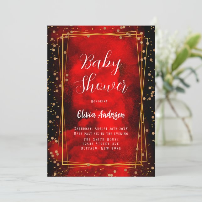 Red and Black Smokey Guld Geometric Baby Shower Inbjudningar (Stående Fram)