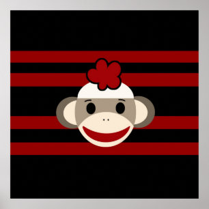 Red and Black Sock monkey Girl Flower Hat Poster