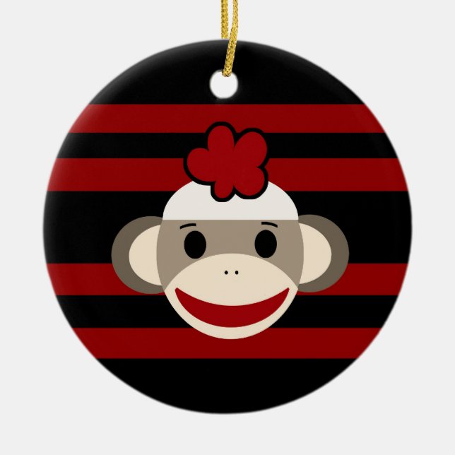 Red and Black Stripe Sock monkey Girl Flower Hat Julgransprydnad Keramik (Framsidan)