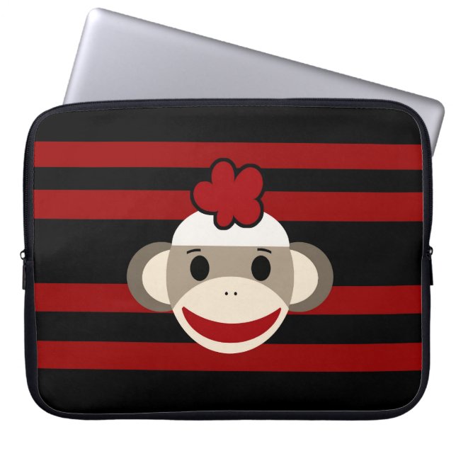 Red and Black Stripe Sock monkey Girl Flower Hat Laptop Sleeve (Framsidan)
