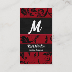 Red and Black Swirly Damask Monogram Visitkort