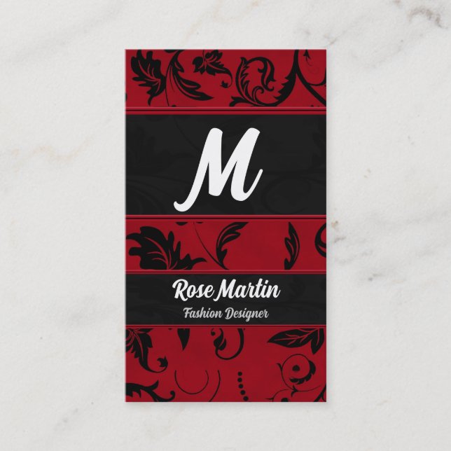 Red and Black Swirly Damask Monogram Visitkort (Framsida)