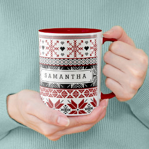 Red and Black Winter Fair Isle Mönster Mugg