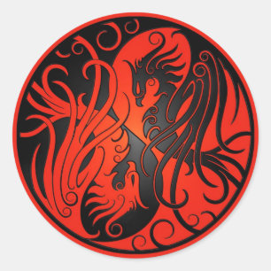 Red and Black Yin Yang Phoenix Runt Klistermärke
