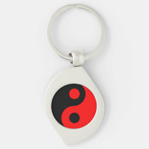Red and Black Yin Yang Swirl Silverfärgad Nyckelring