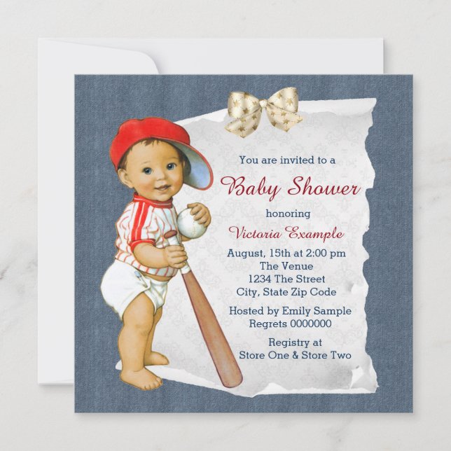 Red and Blue Baseball Baby Shower Inbjudningar (Framsida)