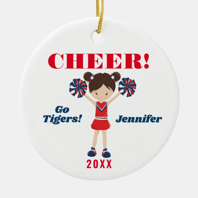 Red and Blue Cheer Brunette CheerLedare Ornament (Framsidan)