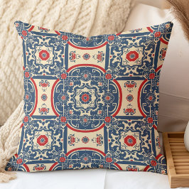 Red and Blue Chinoiserie Chinese Tile Mönster Kudde