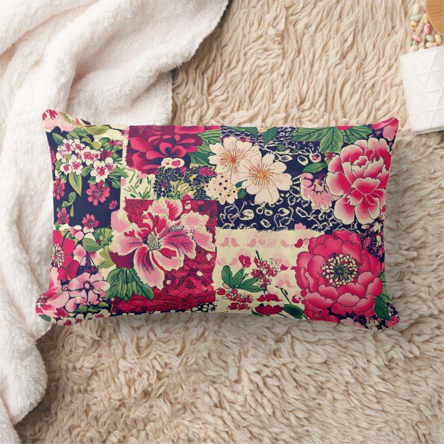 Red and Blue Chinoiserie Patchwork Lumbarkudde (Filt)