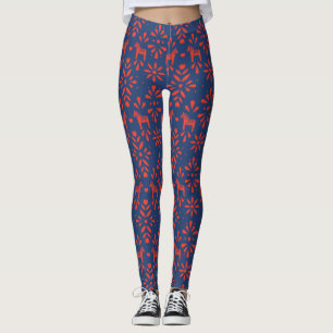 Red and Blue Dala Horse Folk Art Mönster Leggings