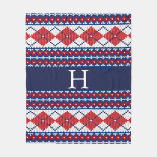Red and Blue Fair Isle Nordic Argyle Monogram Fleecefilt