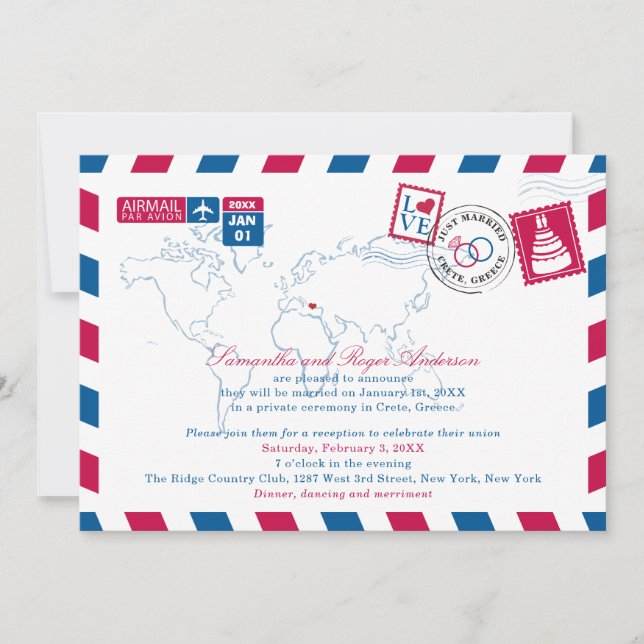 Red and Blue Greece Airmail Post bröllopsmottagnin Inbjudningar (Framsida)