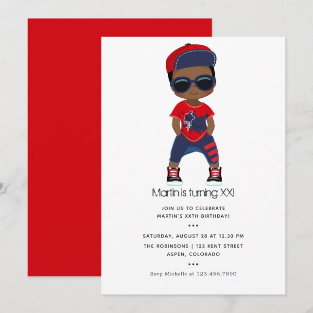 Red and Blue Hip hop themed Boy Birthday Inbjudningar (Fram/baksida)