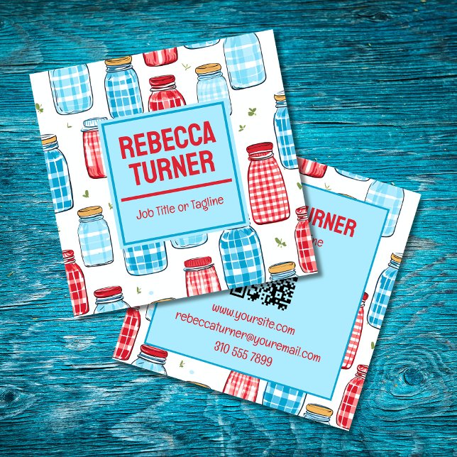 Red and Blue Mason Jar Pattern, QR Code Fyrkantigt Visitkort (Skapare uppladdad)